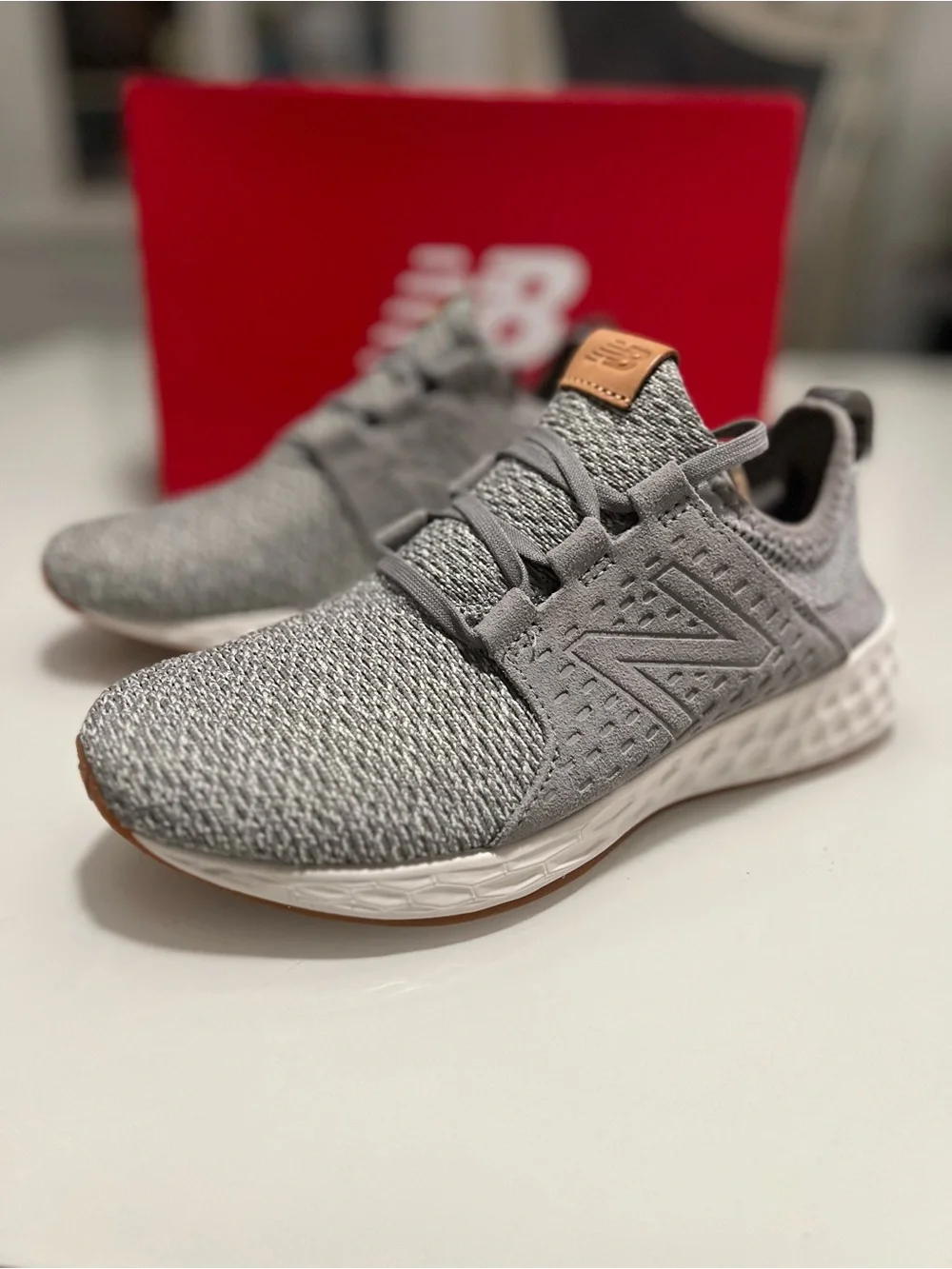 New Balance Men’s Grey Knit Sneakers with Tan Accent
